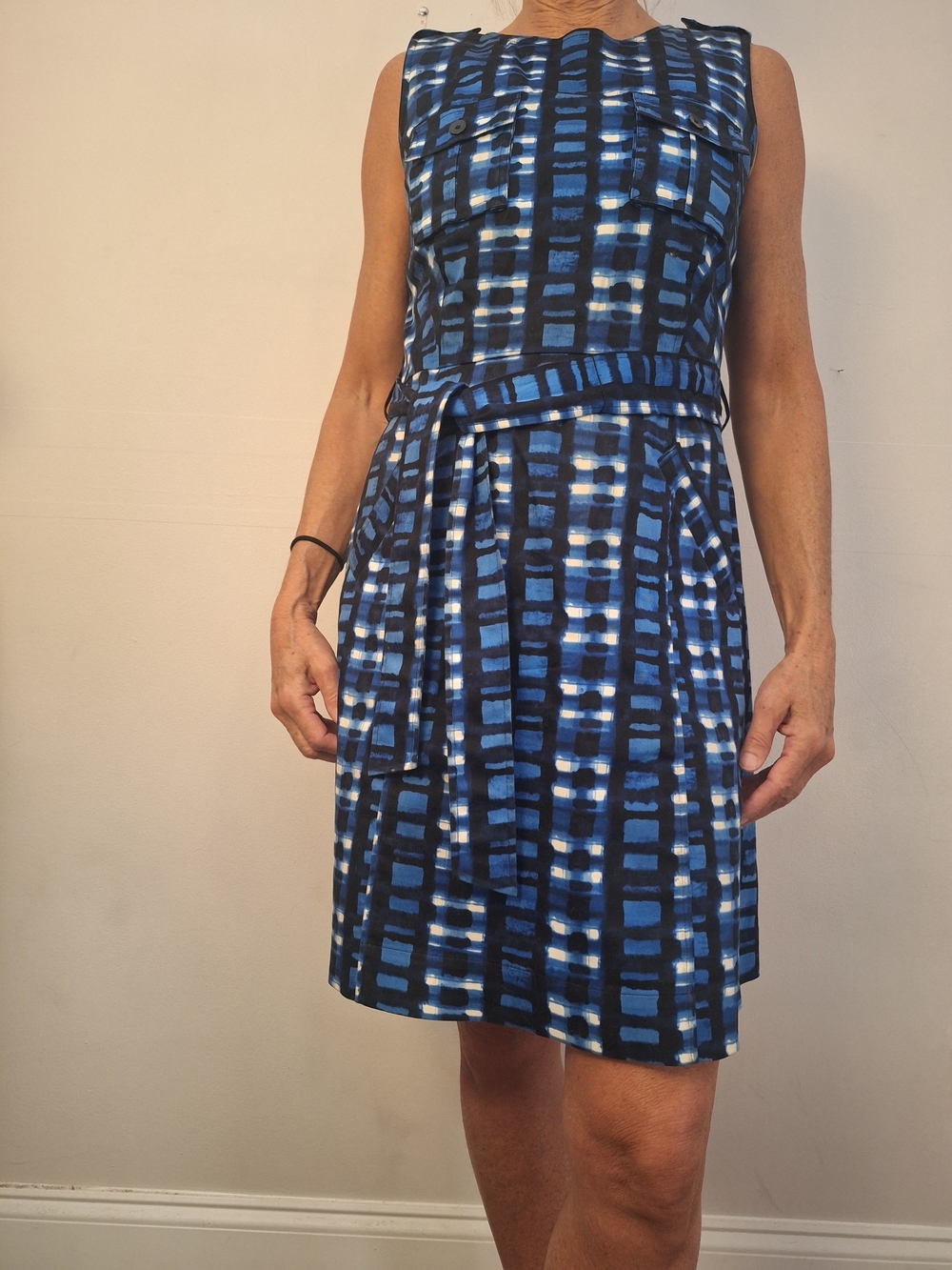 Vintage Marvin Richards Blue / Abstract Grid Print Belted Dress 10